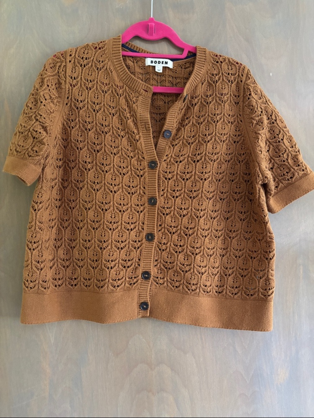 Boden Short-Sleeve Pointelle Cardigan Sweater - Chestnut Brown